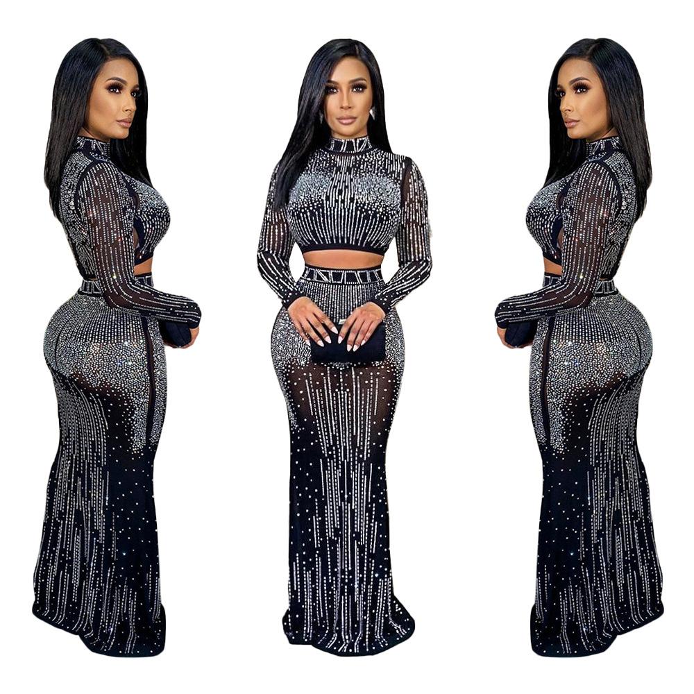 Women Fashion Sets Evening Dress Sexy Clubwear Black Long Sleeve Rhinestone T-Shirt and Skirt 2 Pcs Sets S-2XL