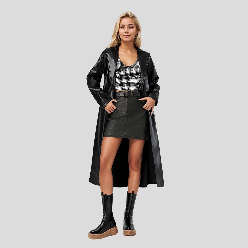 Women'S Extended Bathrobe Style Leather Trench Coat, Spring Autumn Wrinkle-Resistant Fashion Long Faux Leather Outerwear