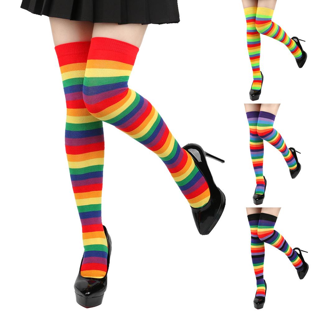 Rainbow Striped Long Tube Socks Over-the-Knee Socks Women Festival Party Costume Accessories Performance Dance Colorful Striped Socks Wholesale