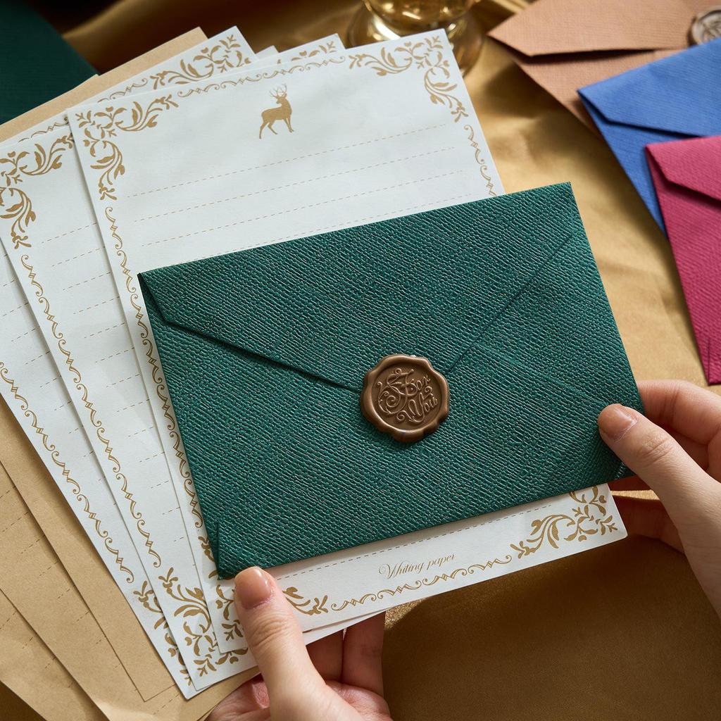 Chinese Retro Style Woven Pattern Envelope & Letter Set with Kraft Paper & Sealing Wax