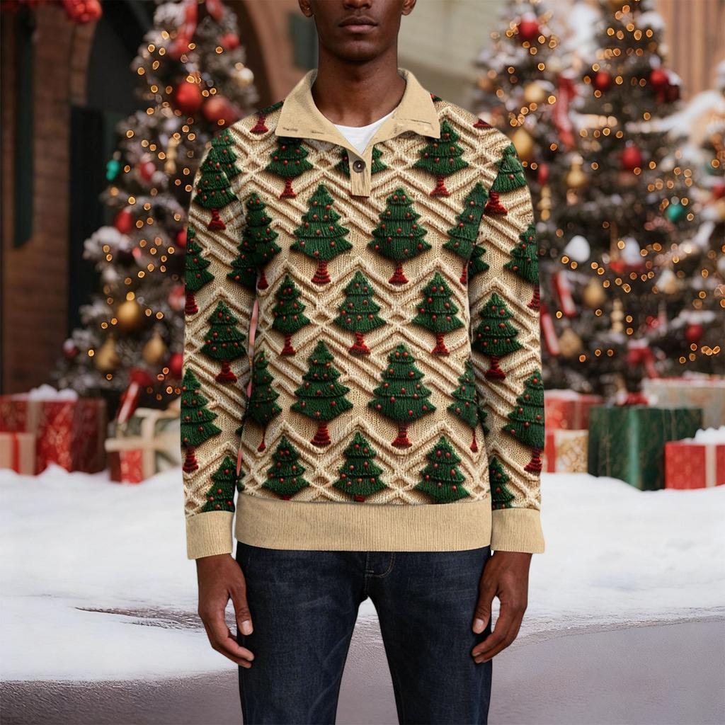 Erkek Noel Pamuklu Kazak Uzun Kollu Dış Giyim Gömleği Vintage Kadife Düğmeli Dik Yaka Gömlek Günlük Sweatshirt Noel Baskılı Üst
