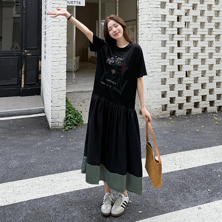DIMANAF 2026 Plus Size New Dress Summer Women Lady Shirt Dress Floral Loose Beach Casual Long Dresses O-Neck Black