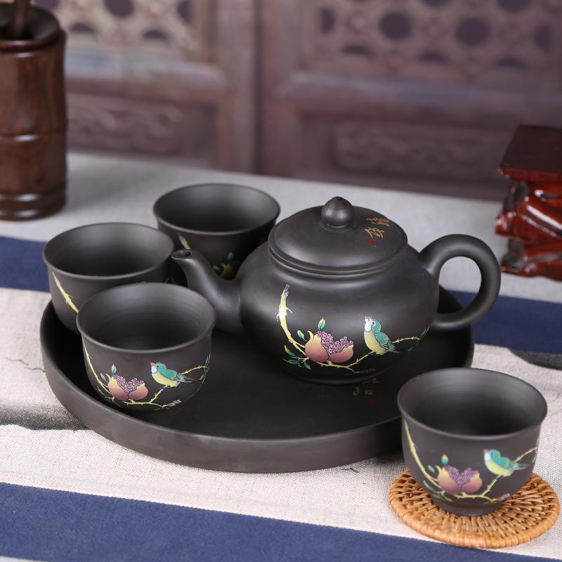 Raw Ore Purple Sand Teapot Handmade Zhu Painted Zhu Mud Tea Brewer Kung Fu Teapot Teacup Tea Tray Tea Set Household