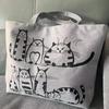 Creative Cartoon Cats Printed Beach Zipper Bag Fashion Wide Shoulder Strap Retro Women Canvas Tote Shopping Handbags