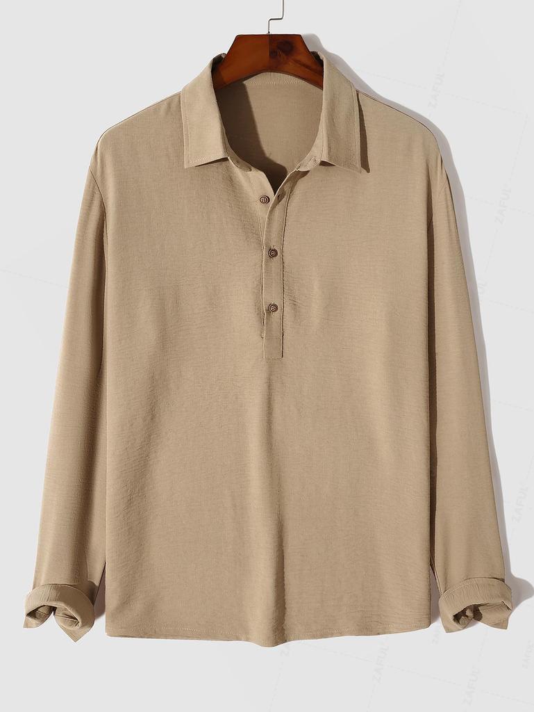 ZAFUL Men's Plain Color Textured Half Button Design Long Sleeves Pullover Shirt