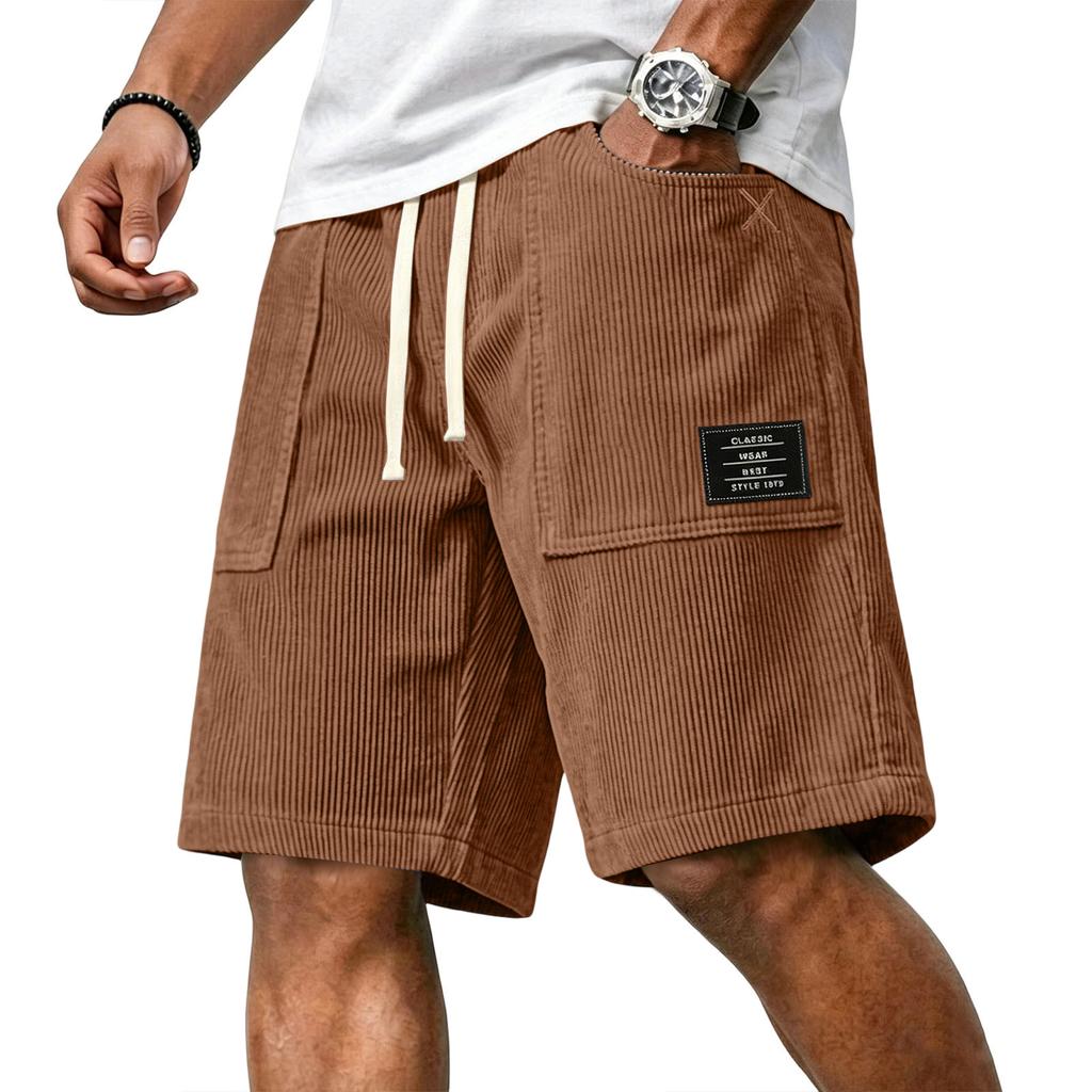 Pantaloncini Casual da Uomo in Velluto a Coste con Coulisse in Vita e Stampa con Lettere Applicate, Vestibilità Rilassata, Lunghezza al Ginocchio, per l'Uso Quotidiano