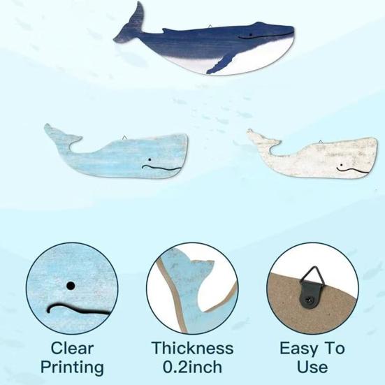 3 Pcs Wood Nautical Wall Decor Rustic Coastal Theme Whale Shark Wall Art Vintage Sea Animal Hanging Ornament for Living Room Bedroom