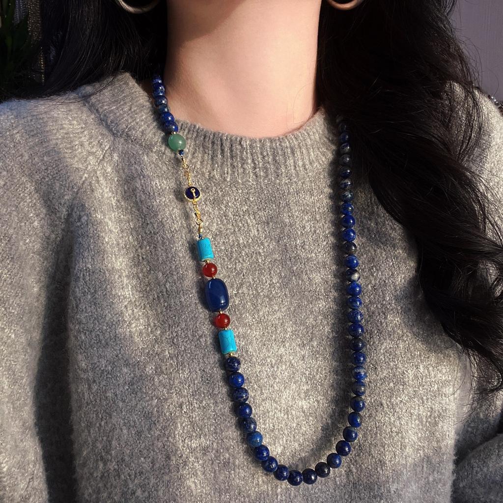 Collana Catena Maglione Lapis Lazuli Naturale di Alta Qualità Catena per Clavicola