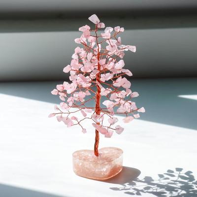 Rose Quartz Crystal Bonsai Tree with Heart Base – Handmade Feng Shui Tree for Love, Harmony & Healing – Home Decorative Item
