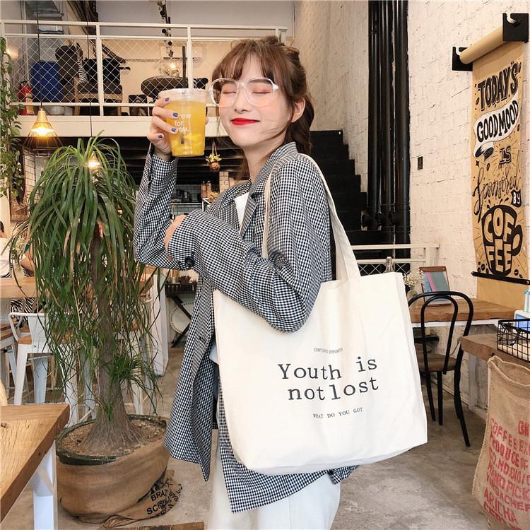 Chic Korean Style Retro Canvas Tote Bag Fashionable Single Shoulder Shopping Bag For Women