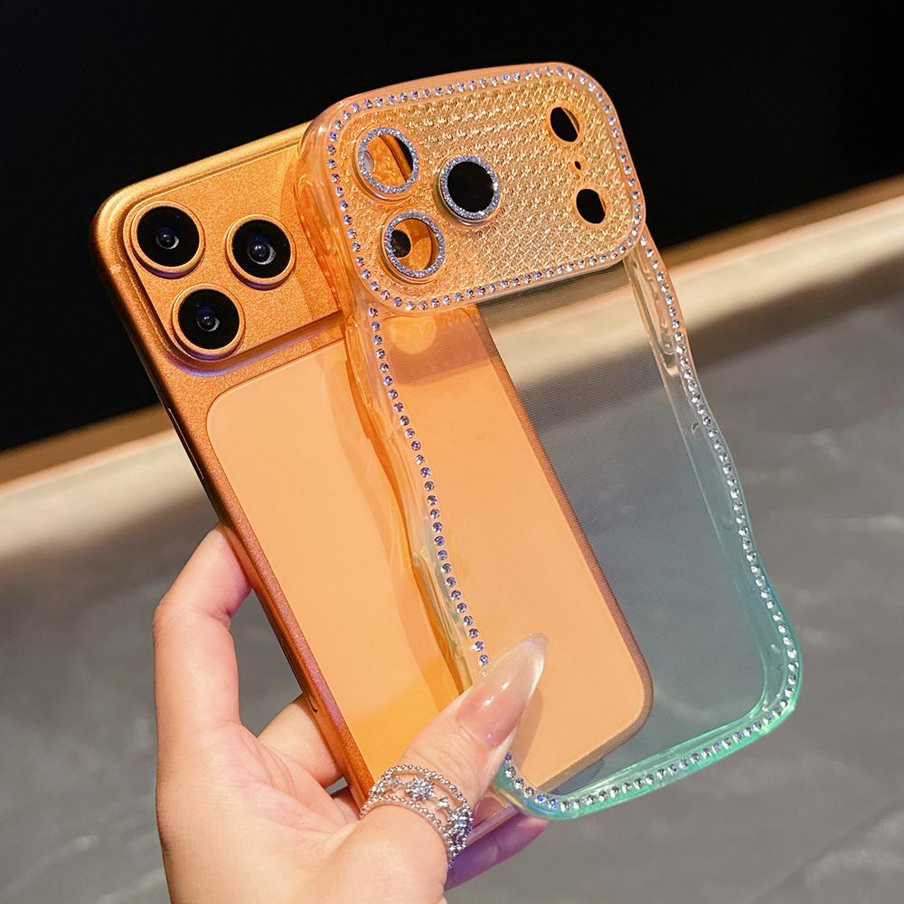 KEYSION Rhinestone Phone Case for iPhone 13 14 15 16 17 Pro Max 17 Air 16 Plus Transparent Wavy Lens Protector Shockproof Back Cover