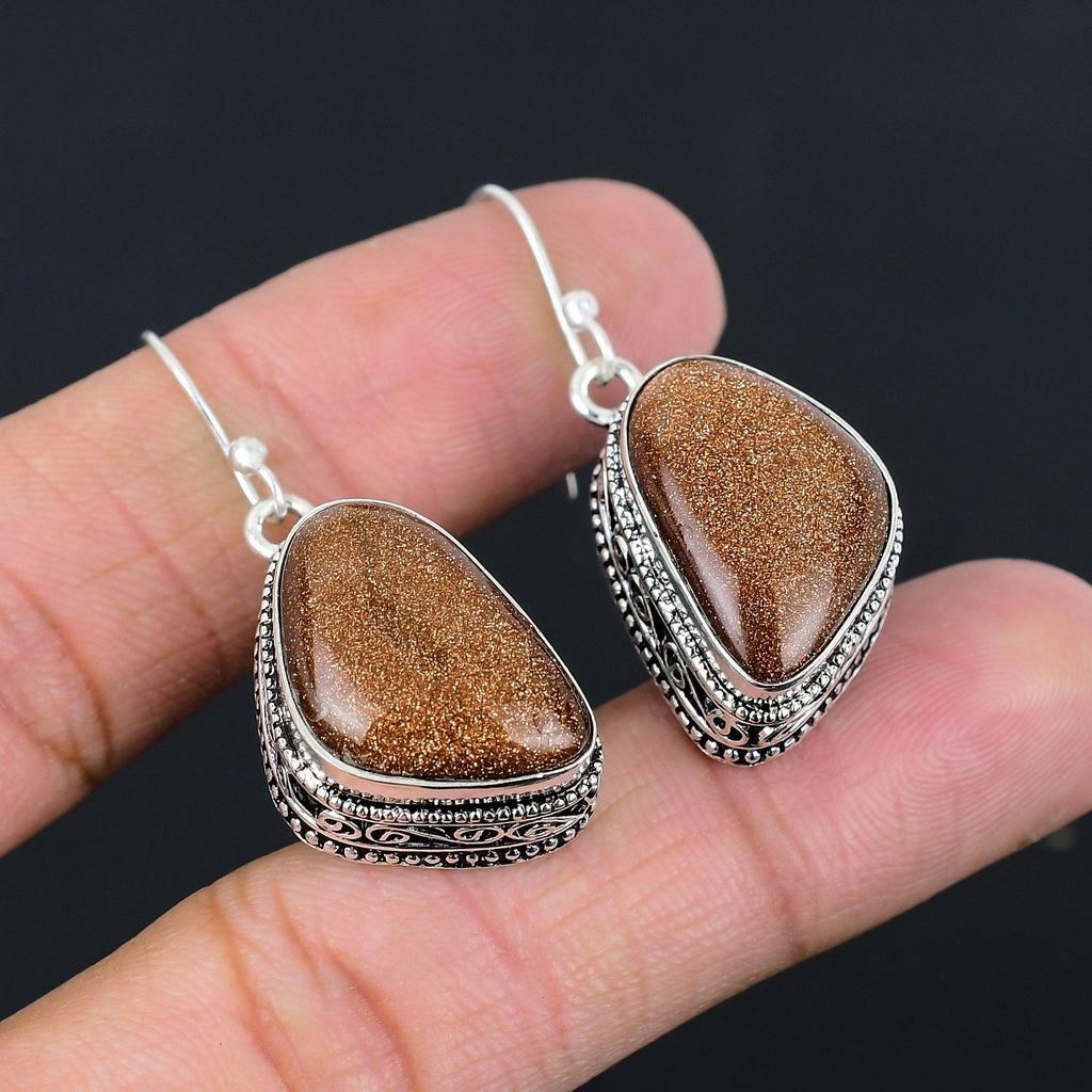 925 Sterling Silver Red Sunstone Stone Wife Dangle Drop Ethnic Earrings Jewelry