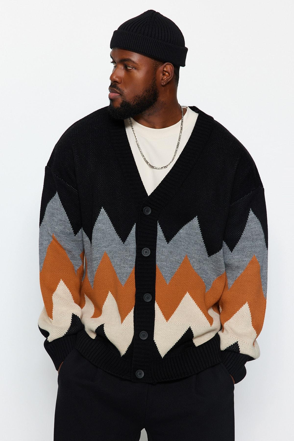 

Чоловічий модний новий великий кардиган великого розміру, чорний, великого розміру, широкого крою, трикотажний кардиган із візерунком у формі руколи 2XL чорний