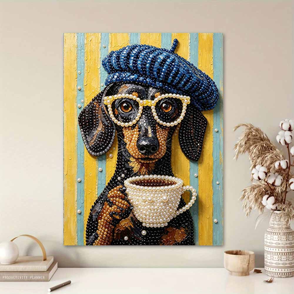 Kreatives DIY-Rahmen-Perlenkunst-Set mit Dackel-Kaffee-Muster Funkelnde Perlenleinwand Fertig zum Aufhängen Entspannendes Geschenk für Erwachsene Kunsthandwerk