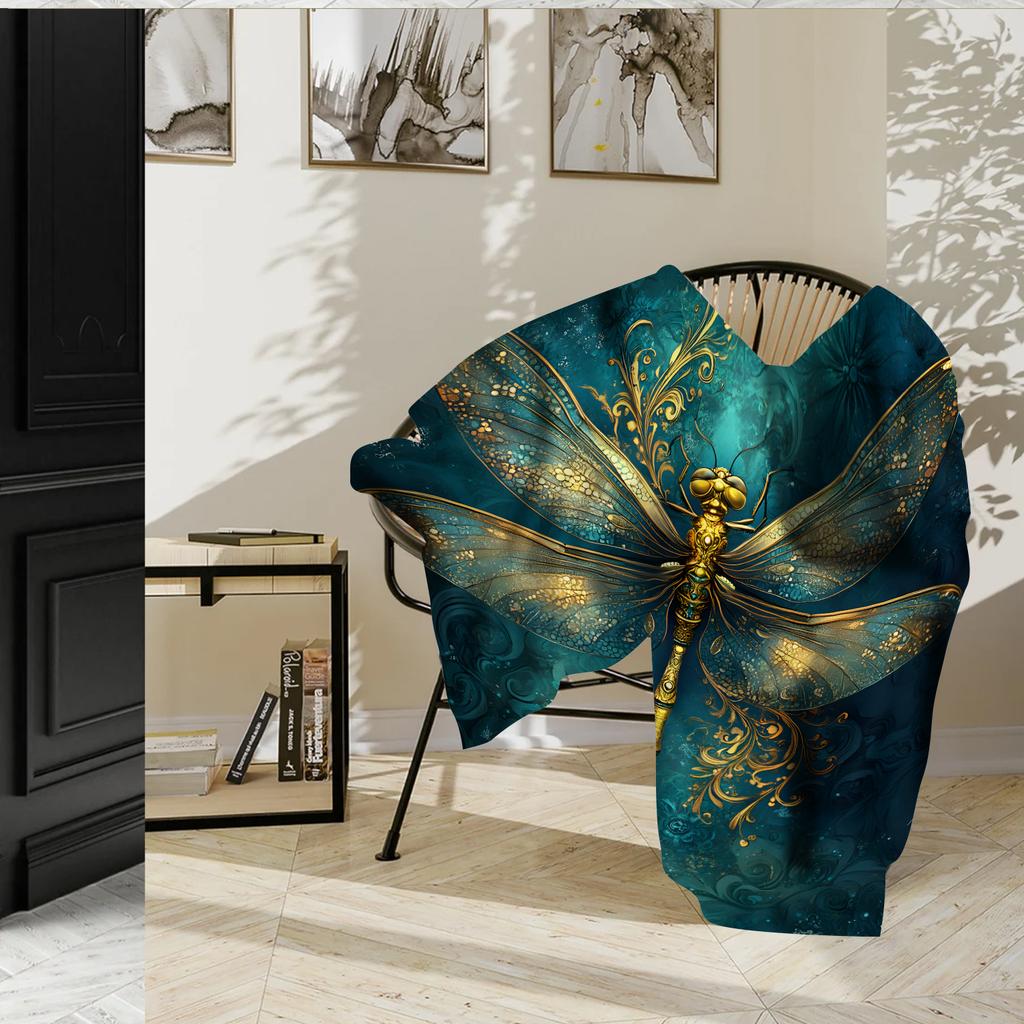 Luxury Gold Dragonfly Vintage Pattern Throw Blanket - Elegant Art Deco Motif Soft Lightweight Accent for Sofa Bed Travel Gift