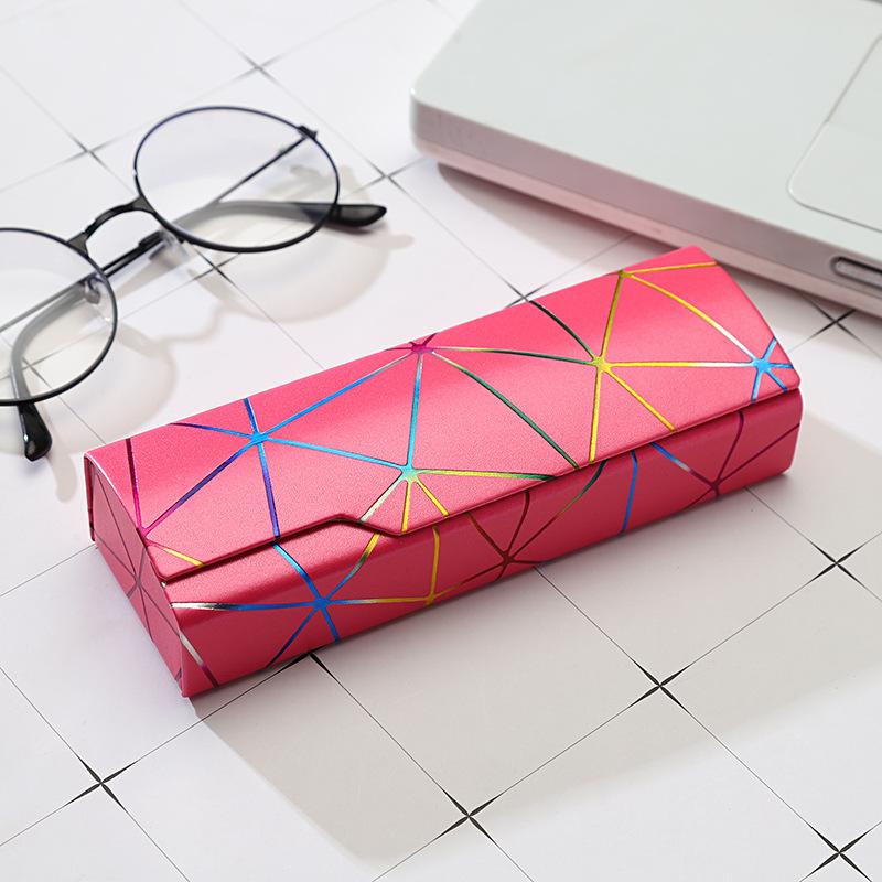Hard Eyeglasses Case Fashion Geometric Line Decor Waterproof PU Leather Shockproof Spectacle Box for Students Teens