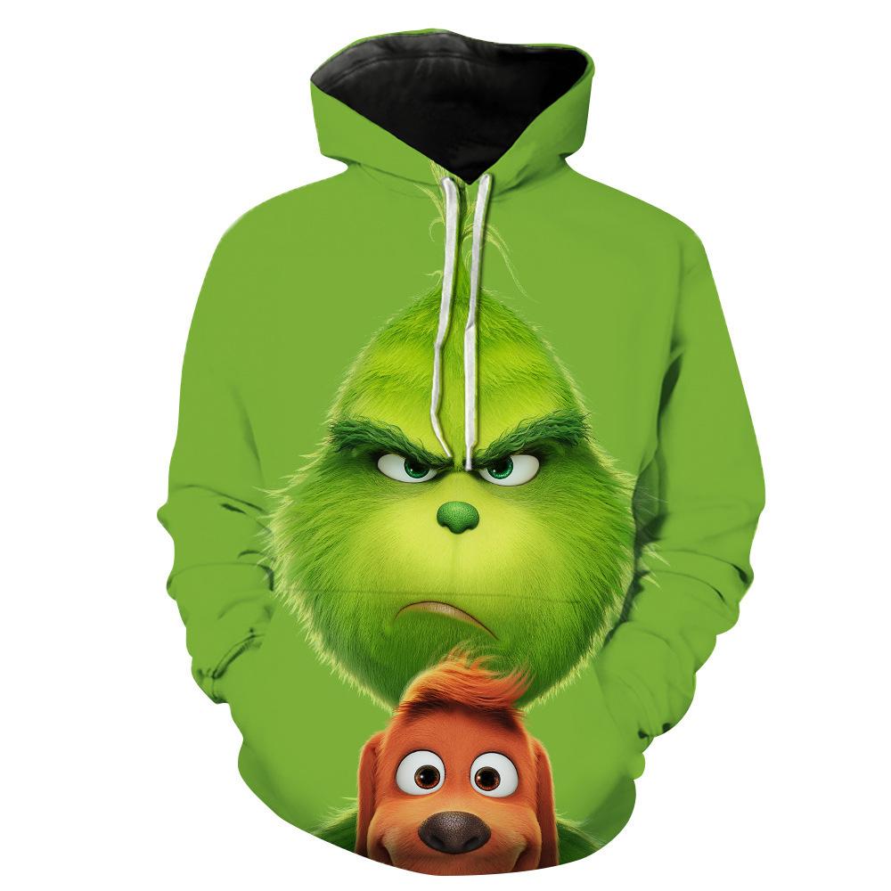 Christmas Green Furry Monster Print Couple s Hooded Long-sleeved Sweatshirt Clothes Sale S
