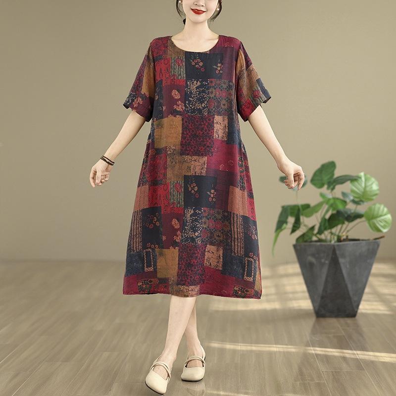 Crew neck short sleeve printed cotton and linen dress women's 2025 summer new women's clothing temperament mother medium and long A-shaped skirt