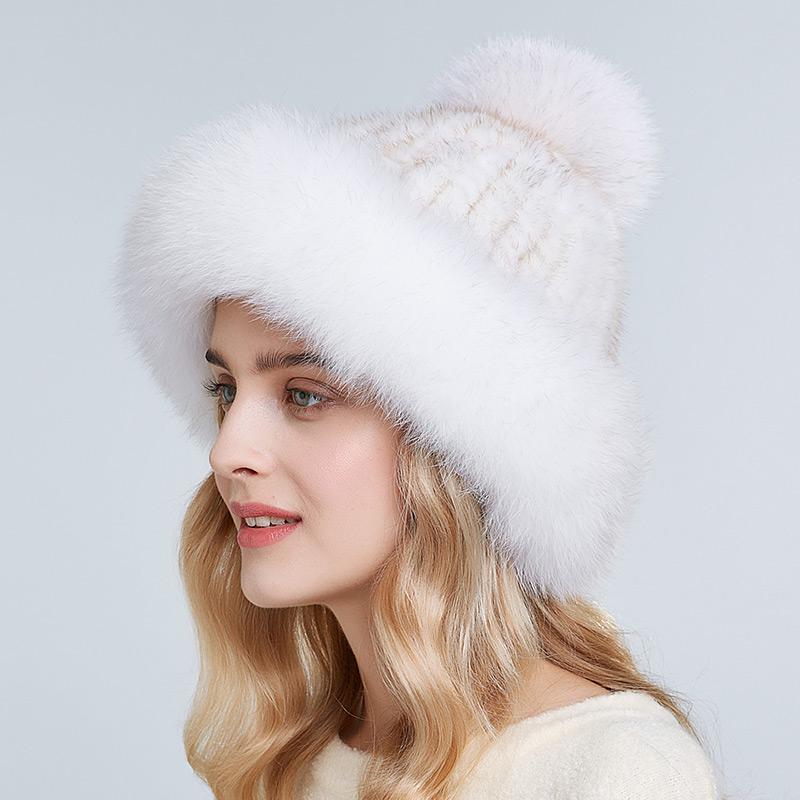 Genuine Mink Fur Beanie Hat Winter Womens Fox Brim Hats Thick Warm Fox Fur Caps With Pompom Fashion Fur Knit Beanies