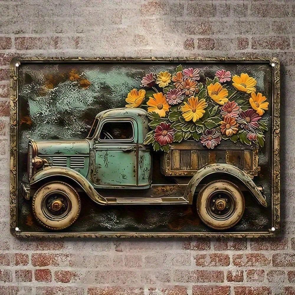 Vintage Floral Truck Metal Sign Rustic Farmhouse Decor Wall Art Aluminum Kitchen Living Room Gift Home