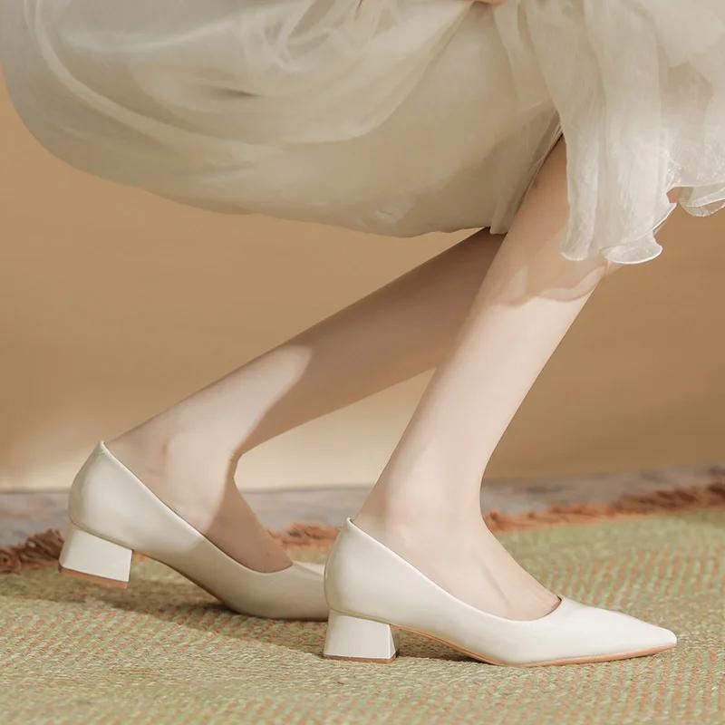 Women Pumps Pointy Chunky Heels  Summer Fashion Shallow Thick Heel Soft Sexy Patent Leather Slip on Nude Casual Party Shoes