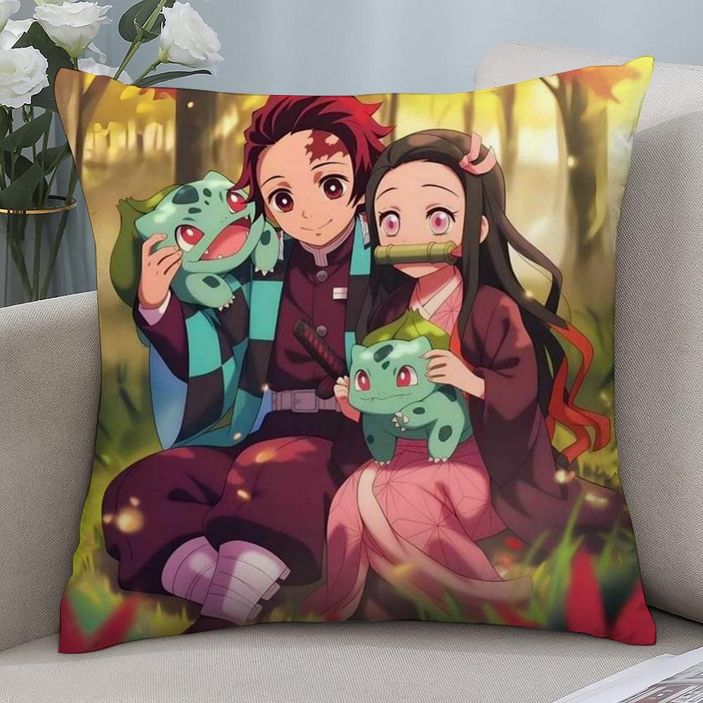 Anime Demon Slayer Kamado Tanjirou Kamado Nezuko Pillow Case Short Plush Sofa Decorative Gift Home Double-sided Printing Cushion