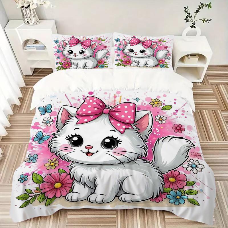 3-teiliges Kätzchen mit Schleife Bettwäsche-Set - Weich und Gemütlich für Schlafzimmer, Gästezimmer und Wohnheim Dekorative Bettwäsche 3-teiliges Set 1 Bettbezug + 2 Kissenbezüge