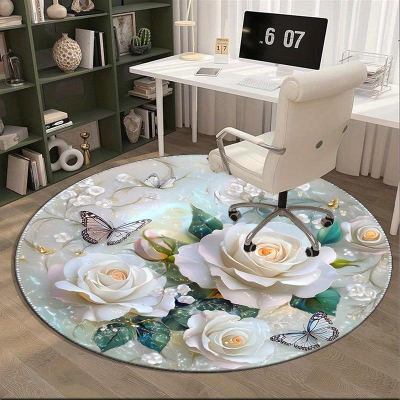 

1pc Floral Round Rug - White Roses, Butterflies and Delicate Flowers, Polyester, Suitable for Bedroom Living Room Decoration 100x100cm