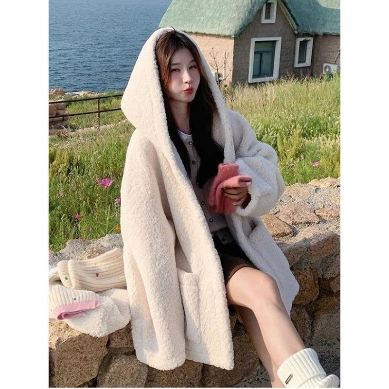 Korean Lamb Fleece Coat Women Winter Thickened Warm Hooded Cotton Jacket Slimming Design