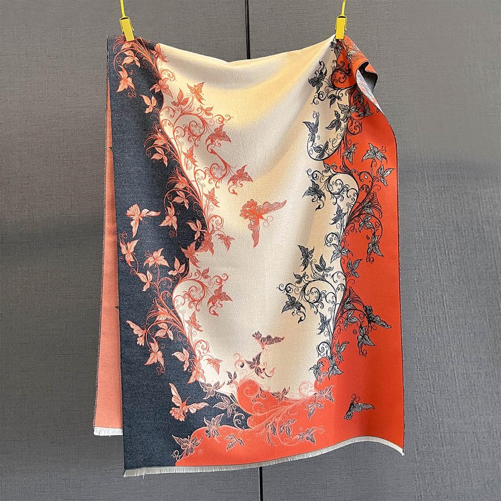 Autumn and winter new contrasting color butterfly printing scarf three-color splicing retro pattern design warm and fashionable outer shawl