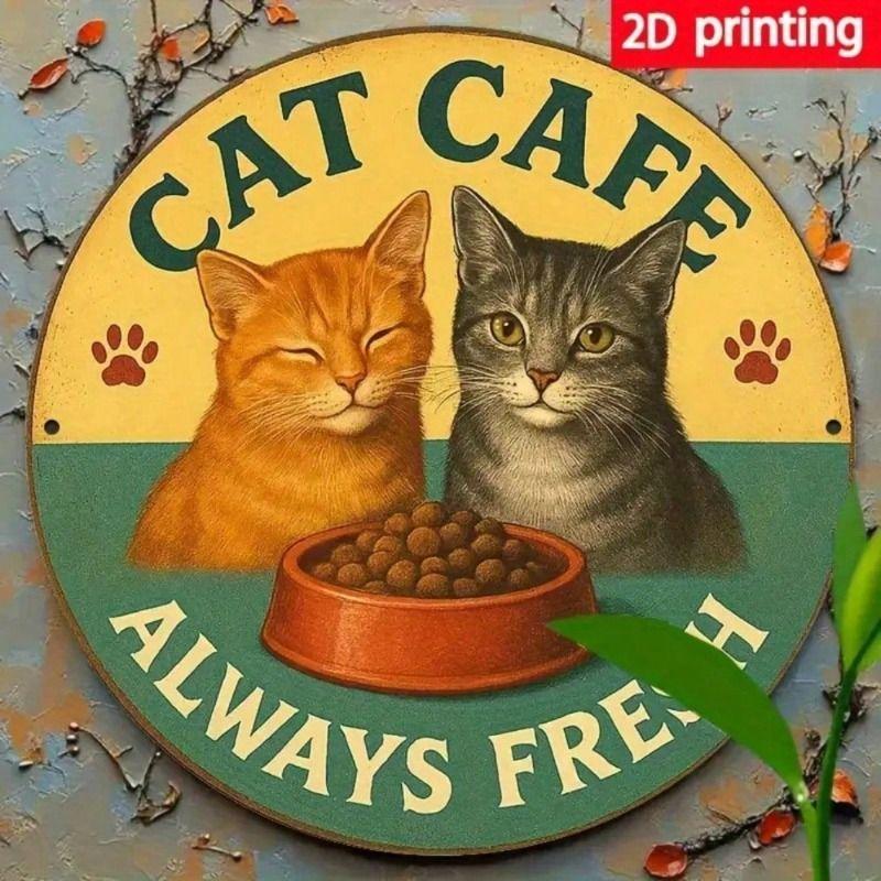 Retro Cat Cafe Metal Poster, Wall Art for Kitchen