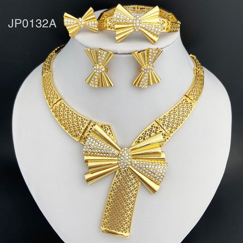 Italy 18k Gold Plated Women Zircon Set Classic Design Bowknot Necklace Earring Bracelet And Ring 4PCS Set Zircon Wedding Party