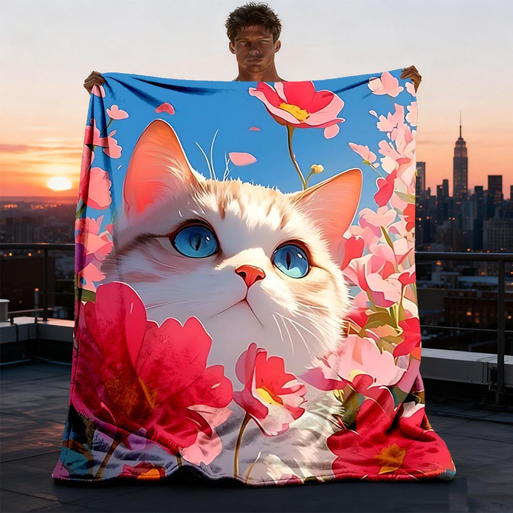 1pc Floral Cat Print Outdoor Flannel Blanket , Machine Washable Perfect Gift for Birthday , Holiday Travel Accessory , Durable Material