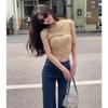 Women's Red Plaid Off-Shoulder Mesh T-Shirt - Slim Fit, Short-Sleeved, Summer Top