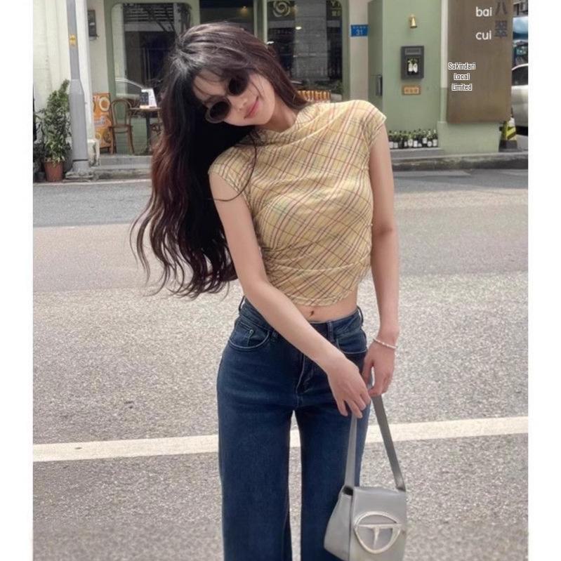 Women's Red Plaid Off-Shoulder Mesh T-Shirt - Slim Fit, Short-Sleeved, Summer Top