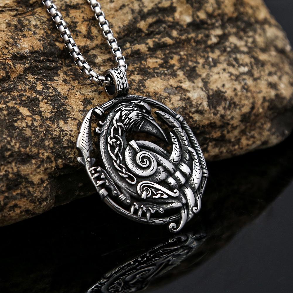 

Men s Viking Raven Pendant Necklace - Retro Stainless Steel, Non-Fading Steel Color [Pendant Only]