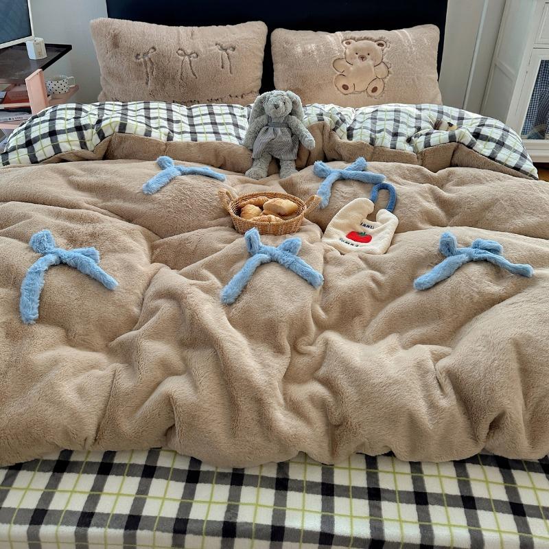 Winter new soft rabbit fleece four-piece set three-dimensional bow thickened warm milk fleece duvet cover dormitory