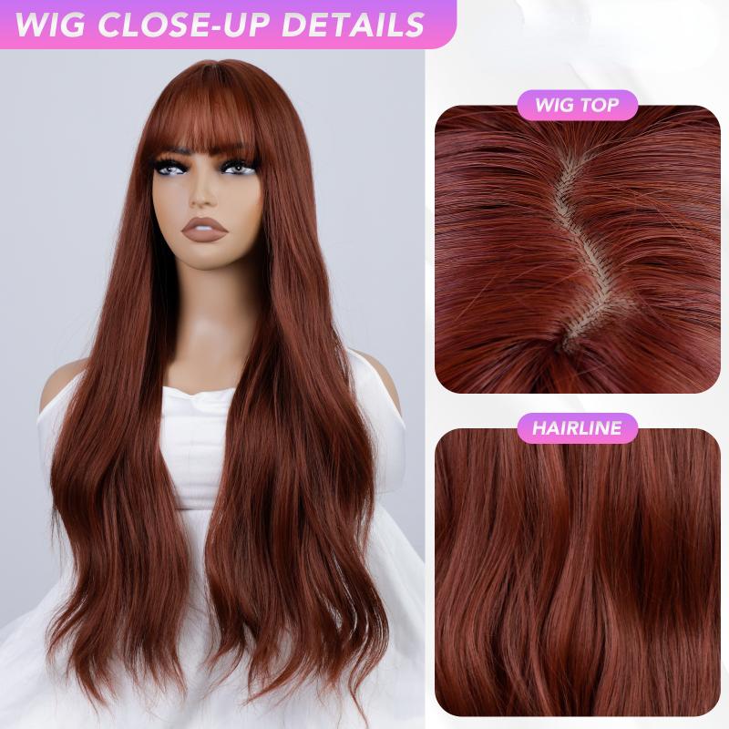 Red Brown Curly Wave Wigs Air Bangs 24 Inch  Fiber Synthetic Heat-resistant Deep Wave Hair Natural Party or Selfie Korean Fashion