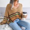 Loose Rainbow Striped Women Sweater V Neck Long Sleeve Fall Winter S-L