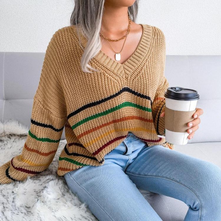 Loose Rainbow Striped Women Sweater V Neck Long Sleeve Fall Winter S-L