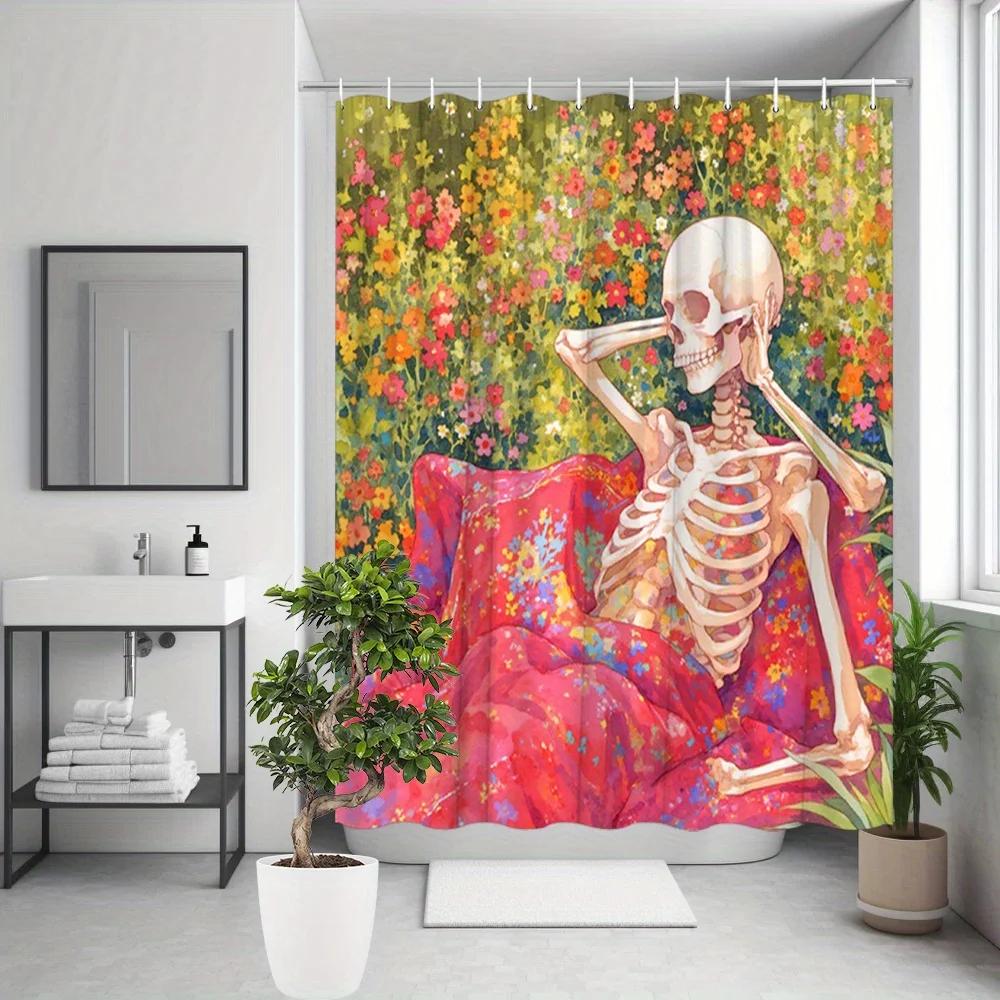 1pc Skeleton Relaxing on Floral Couch Shower Curtain - Dreamlike Fantasy Design, Vivid Colors, Polyester, Includes 12 Hooks, 70.