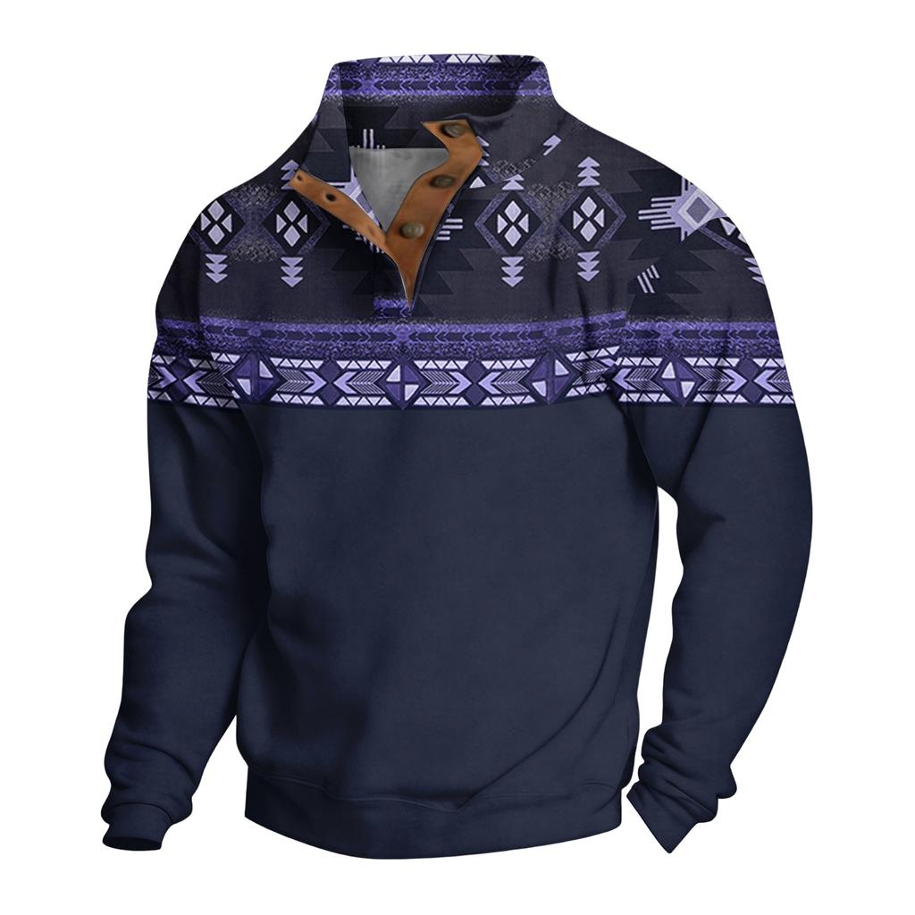 Men's Print Western Button Front Pullover Hoodie, Long Sleeve Sweatshirt