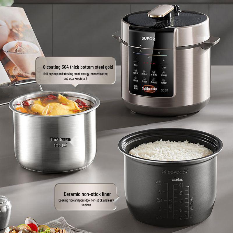 Supor 6L Multifunctional Electric Pressure Cooker with 304 Steel Pot and Intelligent Preset.
