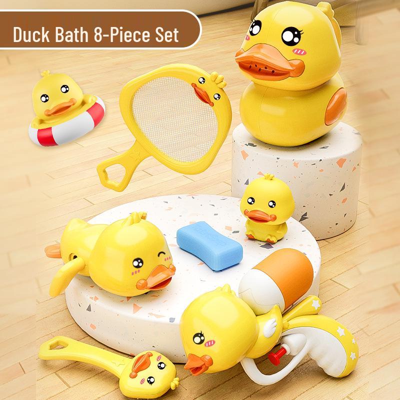 Children's 8-Piece Bath Toy Set: Yellow Duck, Net Scoop, Clockwork Duck, Water Spray Gun, and Shower Toys