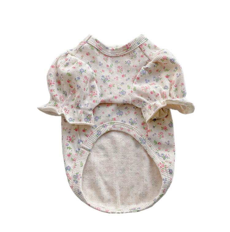 Floral Bubble Sleeve Pet Clothes for Small Dogs Cats And Teddy Bear Cotton Princess Style Summer Autumn Clothing