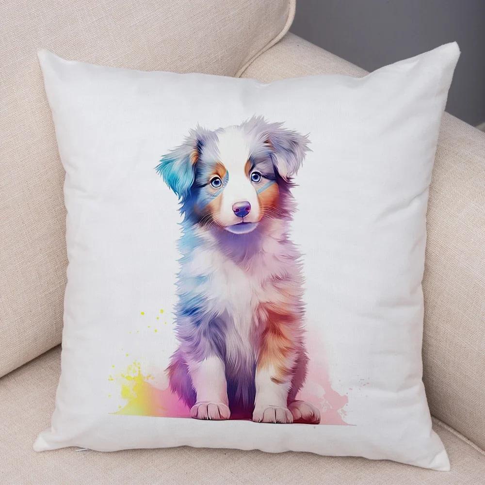 Super Cute Watercolor Dog Throw Pillow Cover With Short Plush Print For Living Room Sofa Decoration Cushion Cover Pillow Covers