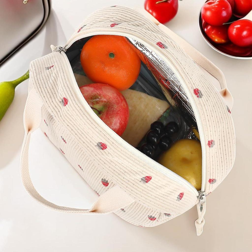 Corduroy Strawberry Ice Pack Insulated Lunch Bag - Large Capacity for Travel, Business, or Picnic