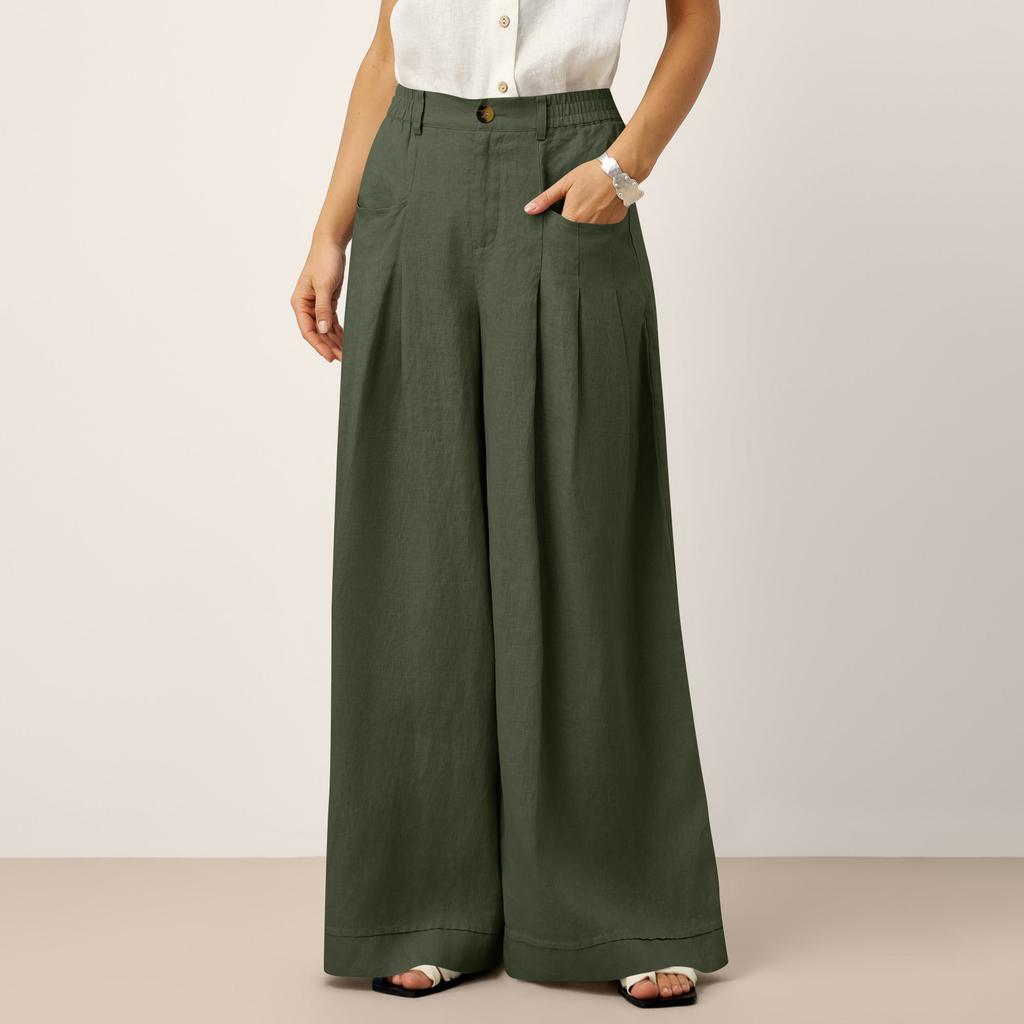 Women Wide Leg Trousers High Waist Pleated Loose Fit Pants with Pockets Button and Zip Closure for Office Casual Wear