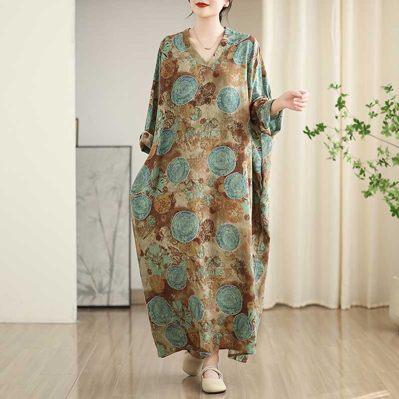 Women's New Color V-neck Retro Long Skirt Cotton Linen Dress
