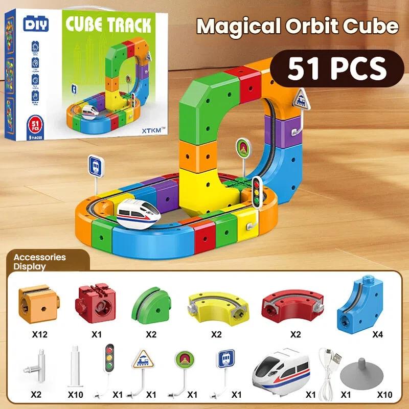 New Track Electric Train Set DIY STEM Building Blocks Cube Toy Flexible Anti Gravity Car Race Tracks Birthday Gift